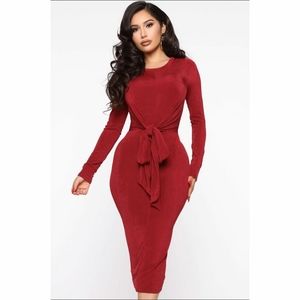 Burgundy Tie in the Front Midi Dress